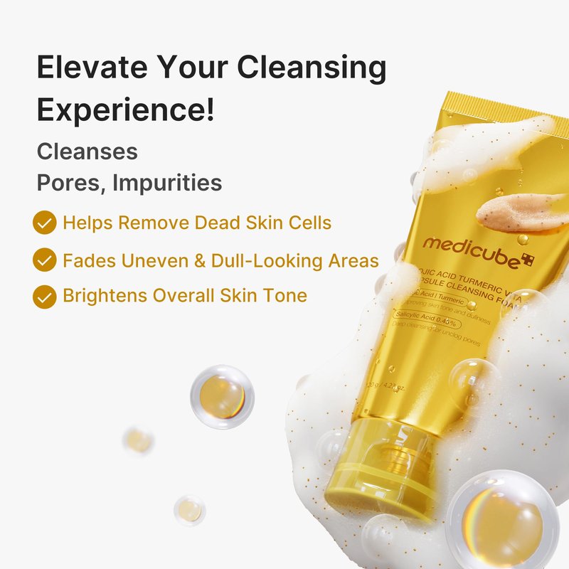 medicube Facial Cleanser Turmeric Capsule Foam Cleanser | for Balancing Uneven Skin Tone & Texture | Fade Appearance of Uneven Patches & Ideal for Use After Spot Care | Korean Skincare, 4.23 oz