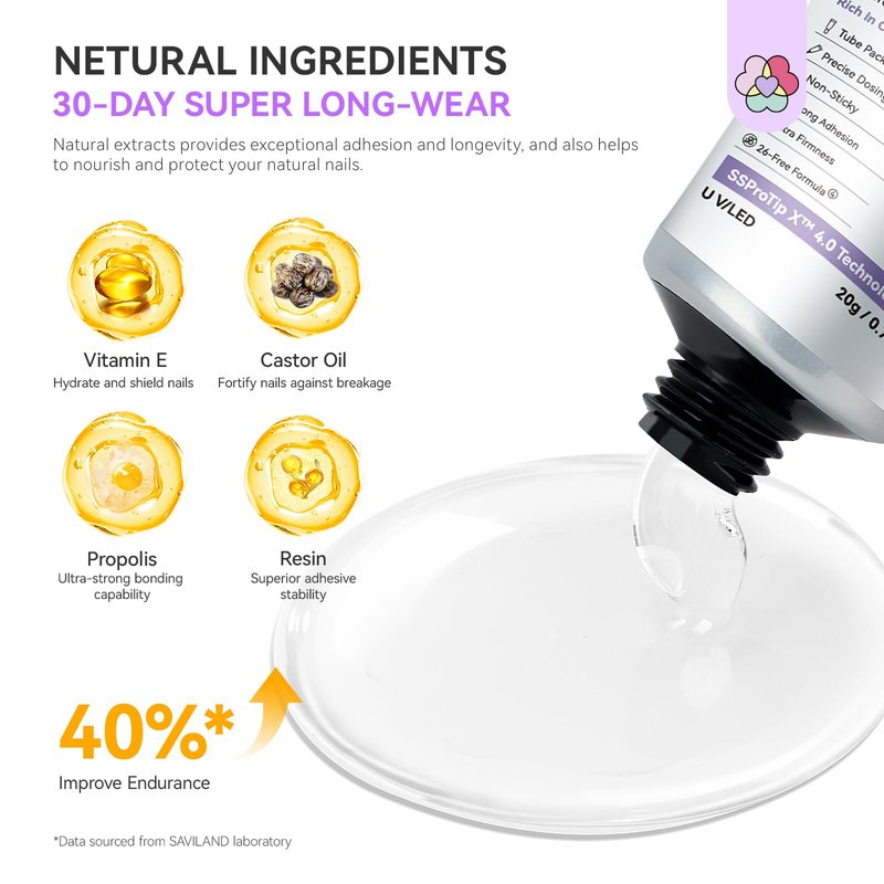 SAVILAND SSPro X Gel Nail Glue: 30-Day Long-Lasting Solid Nail Glue Gel Strong Adhesive Glues 20 g U V Curing Needed Nail for Press On DIY Manicure Home Use