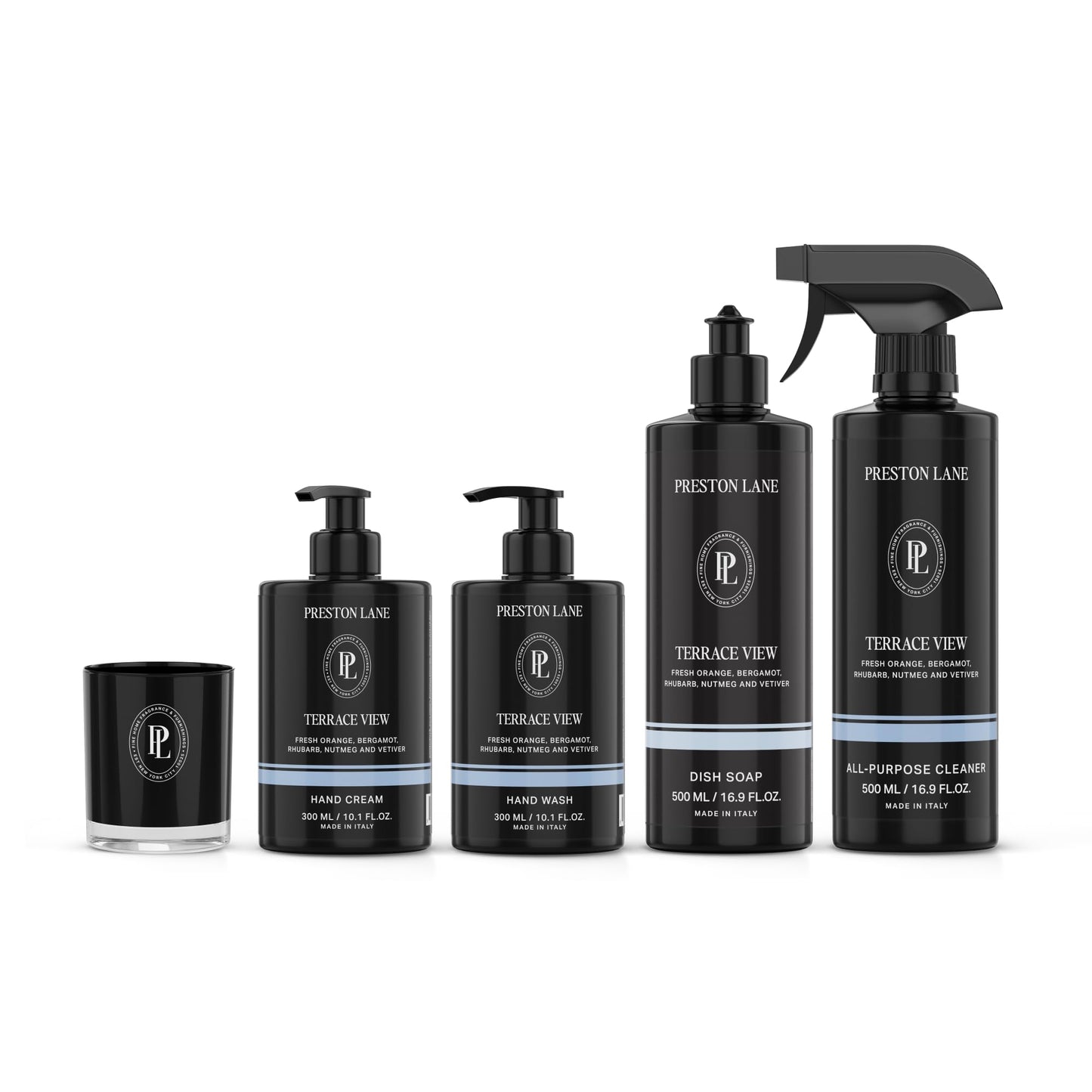 Preston Lane Signature Home Set – All Purpose Cleaner, Dish Soap, Hand Wash, Hand Cream & Scented Candle | Plant-Powered Cleaning & Care Essentials with Fine Italian Fragrance, Terrace View