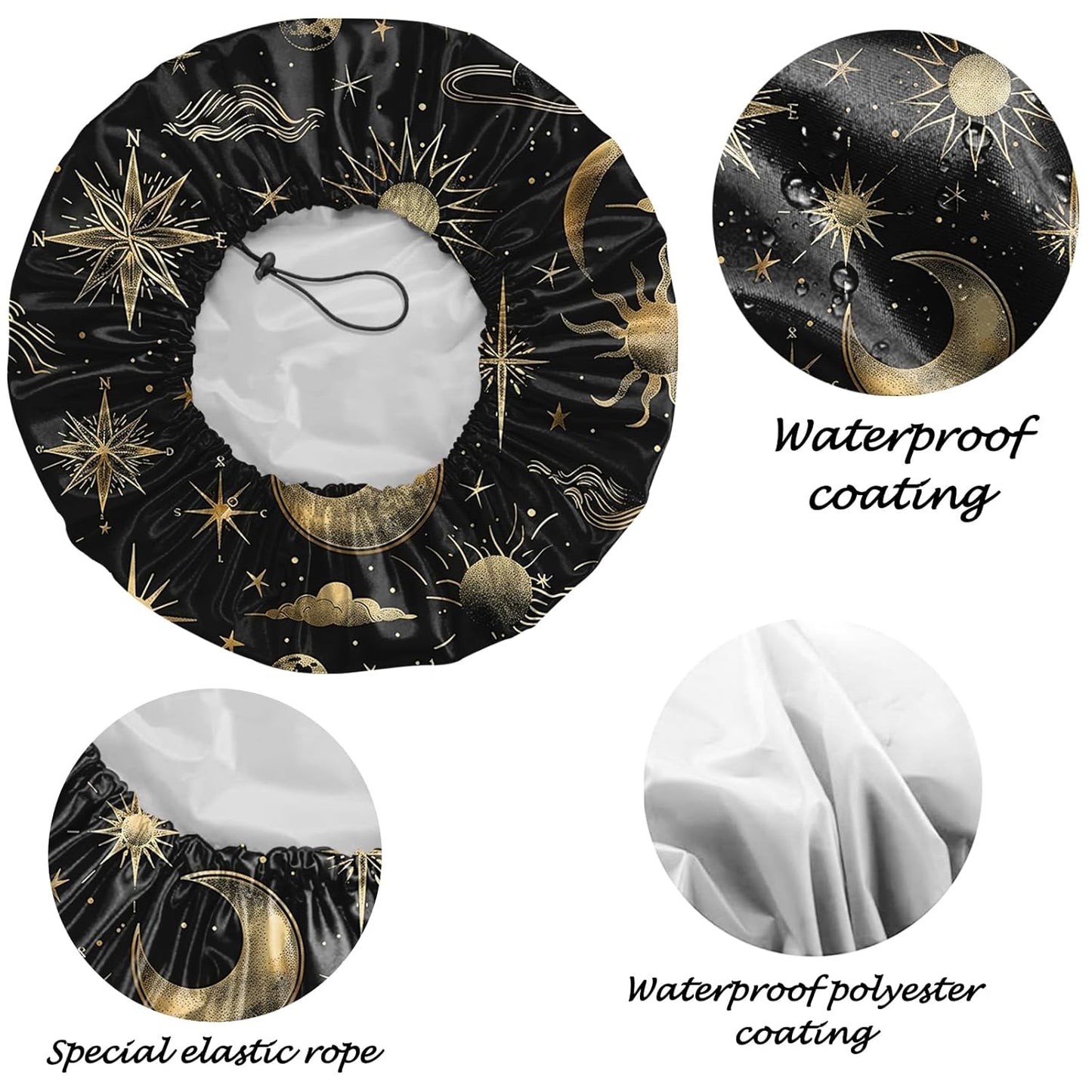 Skiennix Reusable Shower Cap - Waterproof Double Layer Design for Dry Hair | Aesthetic Sun & Moon Leaf Print - 2 Pack