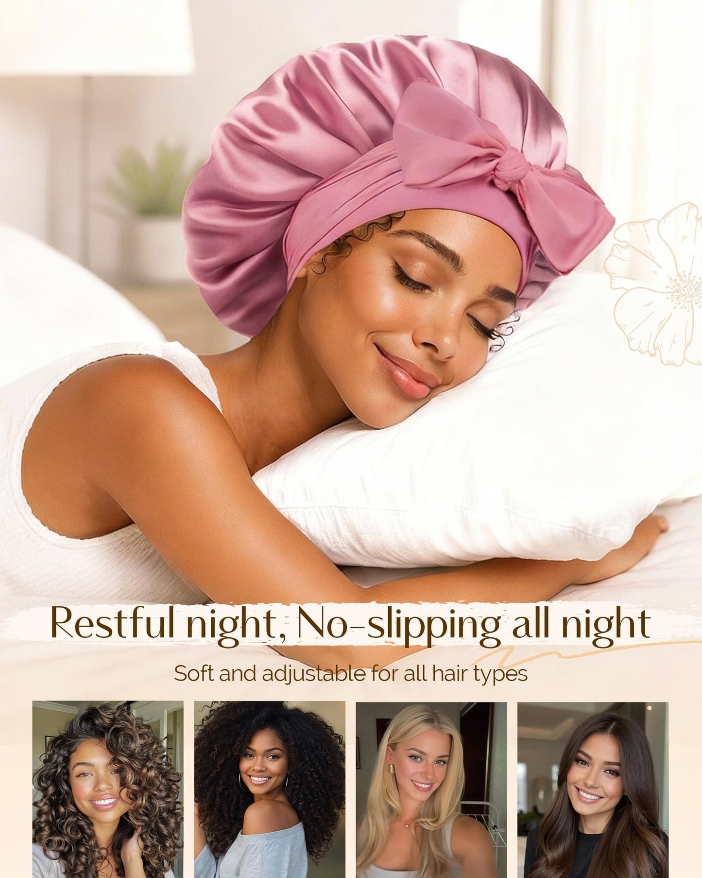 YANIBEST Adjustable Double Layer Satin Bonnet, Silk Hair Bonnet for Sleeping with Elastic Tie Curly Natural Hair Reduce frizz, Beanpaste Pink