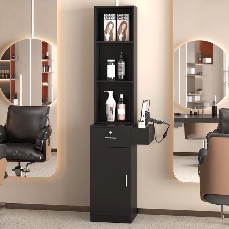 OmySalon Salon Hair Styling Station, Barber Salon Equipment with a 3-Tier Storage Shelf, 1 Drawer, a Large Storage Cabinet and 3 Hair Dryer Holders, Black