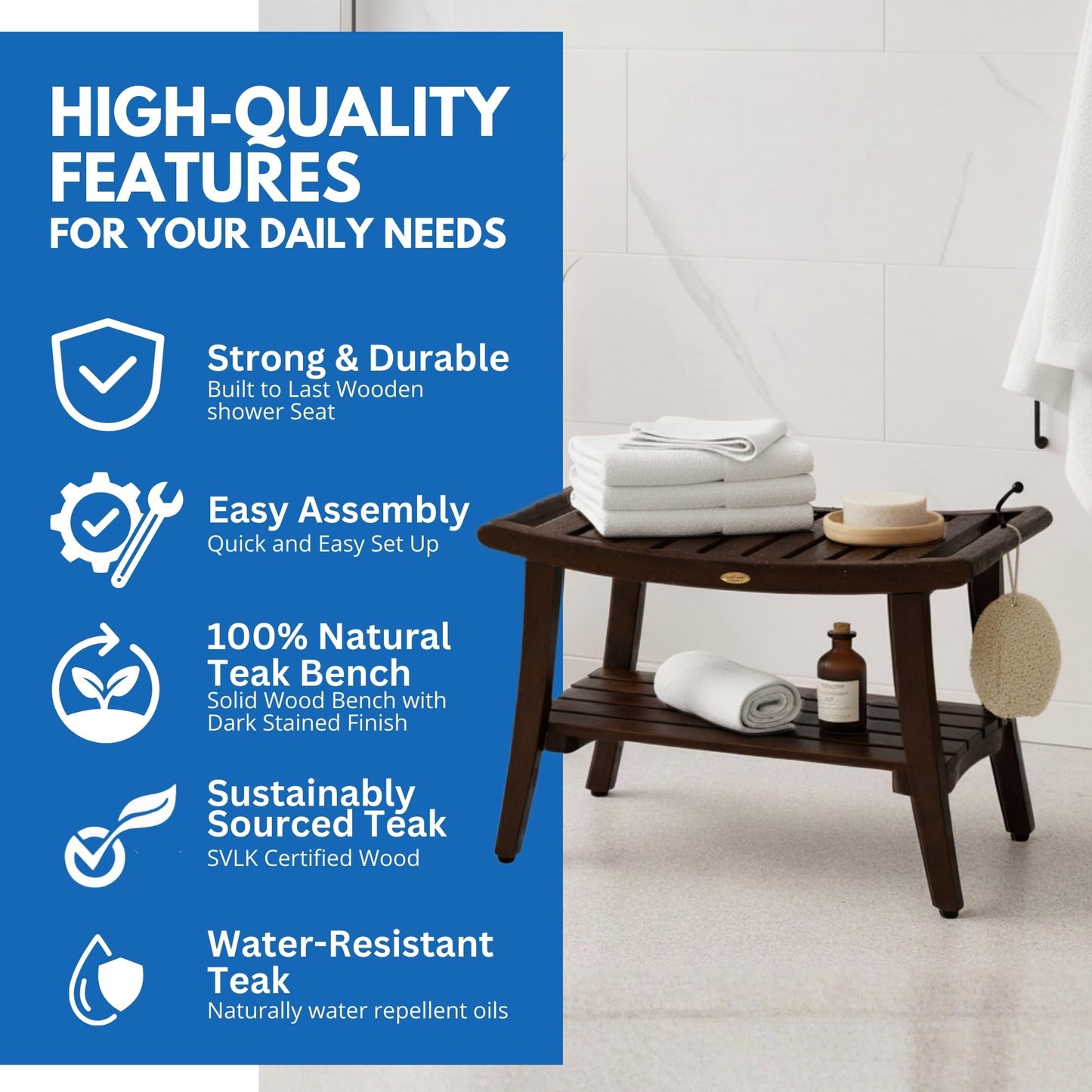 DecoTeak Harmony 30 Inch Brown Waterproof Teak Wood Shower Bench | Provides Safety, Storage, and Organization for Bathroom Accessories