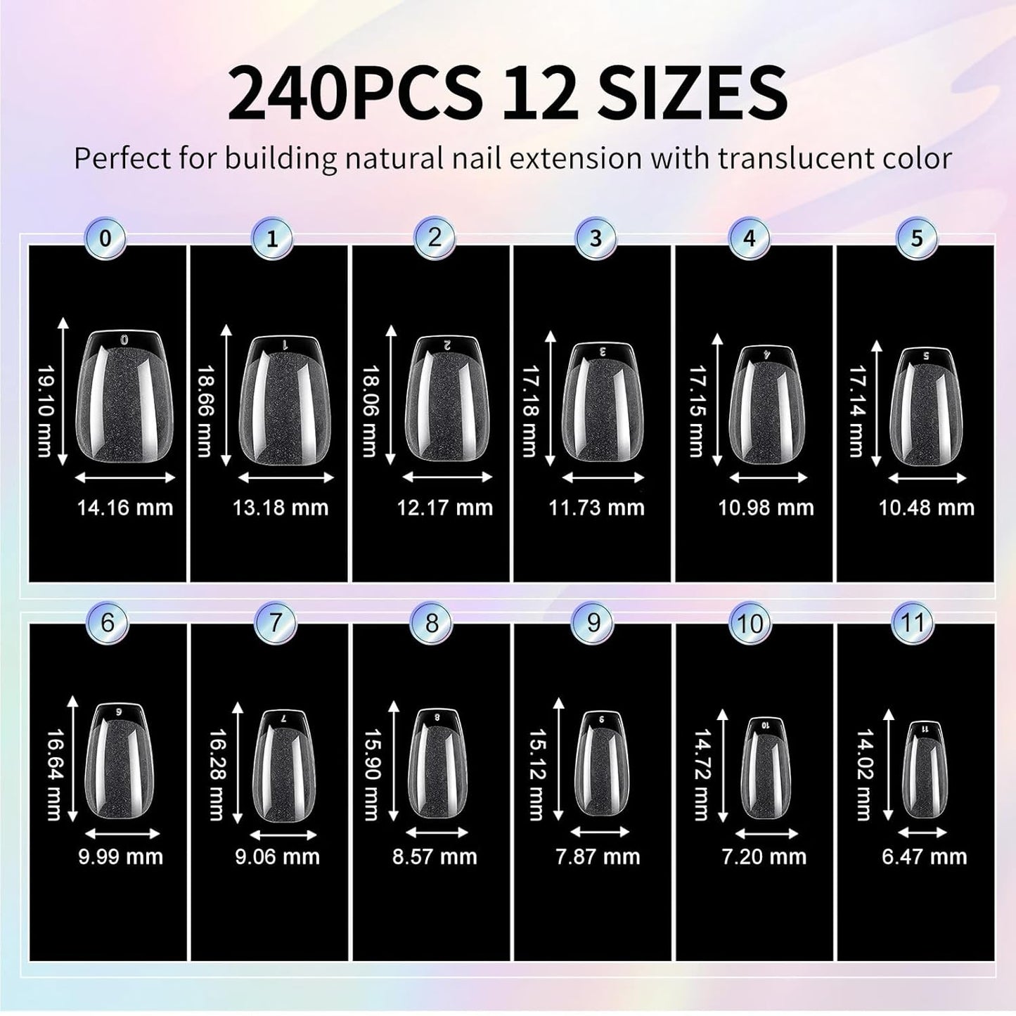 Skiennix Short Coffin Nail Tips - 240Pcs Soft Gel Pre-Shaped Nails | 12 Sizes for Home & Salon Use