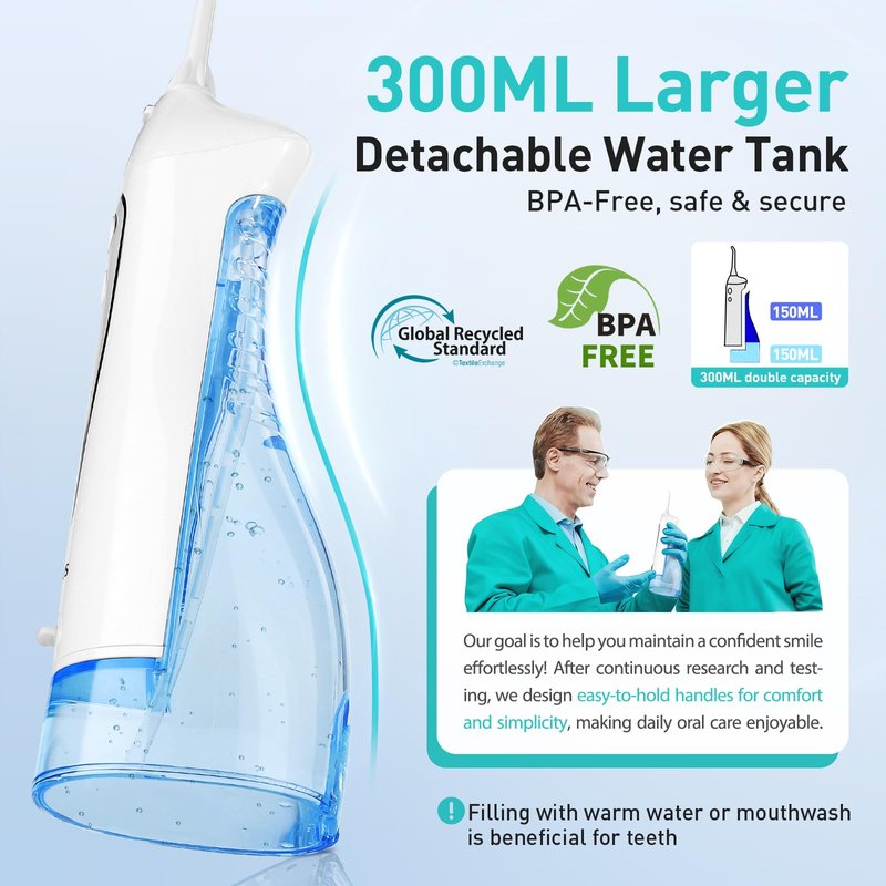 COSLUS Water Dental Flosser Teeth Pick C20: ADA Accepted, Portable Cordless Oral Irrigator 300ML Rechargeable Travel Irrigation Cleaner IPX7 Waterproof Electric Flossing Machine for Teeth, White