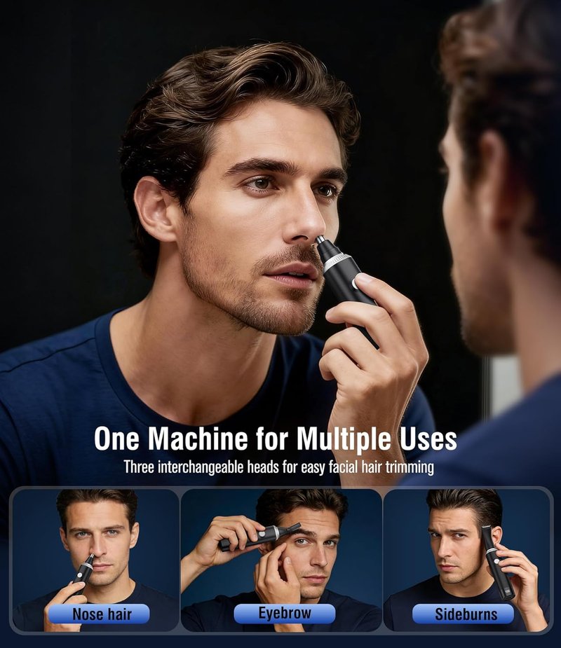 Nose Hair Trimmer for Men, 3-in-1 Professional Painless Rechargeable Eyebrow & Facial Hair Trimmer for Men Women, Multifunctional Trimmer with Powerful Motor and Dual-Edge Blades, IPX7 Waterproof
