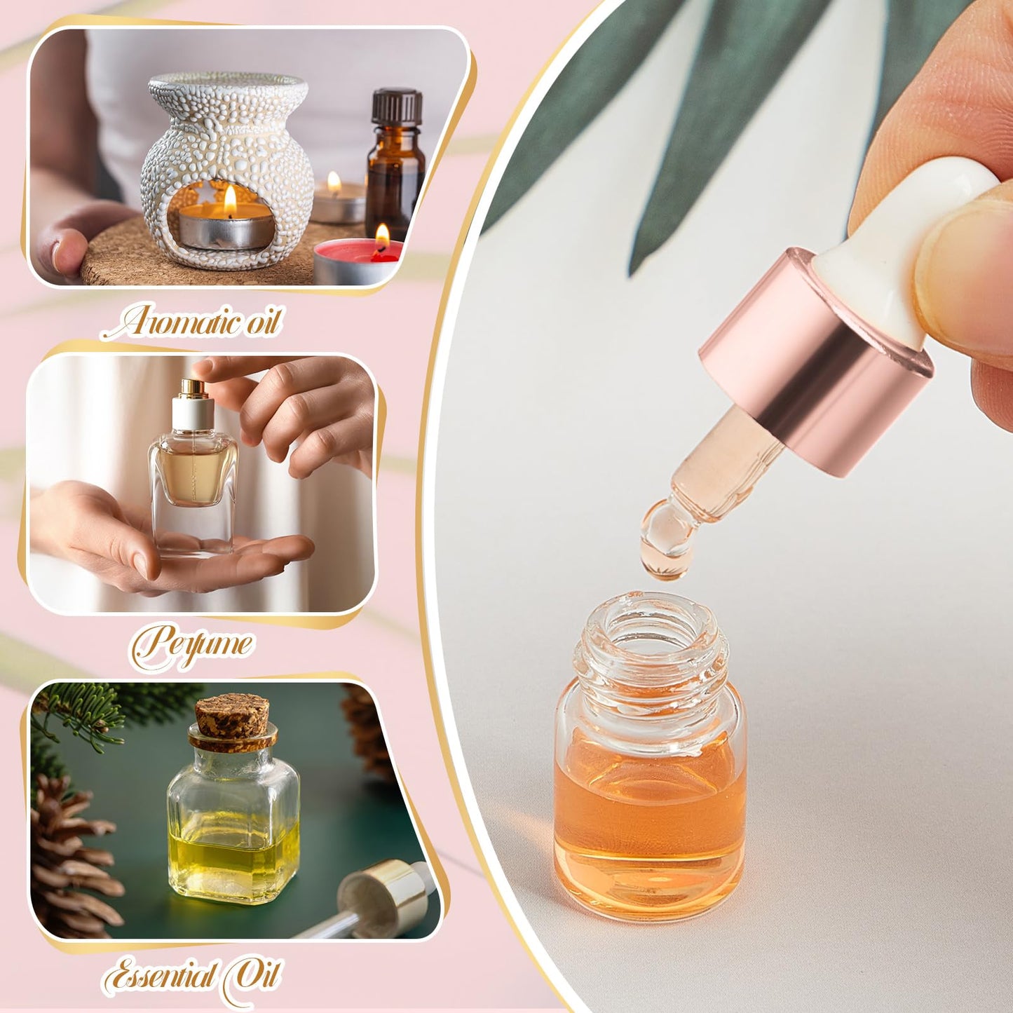 Didaey 100 Pcs 2 ml Mini Glass Oil Dropper Bottle Bulk, Clear Essential Small Empty Bottles Sample Containers Perfume Liquid Vials with Cap for Traveling(2 ml, Rose Gold)