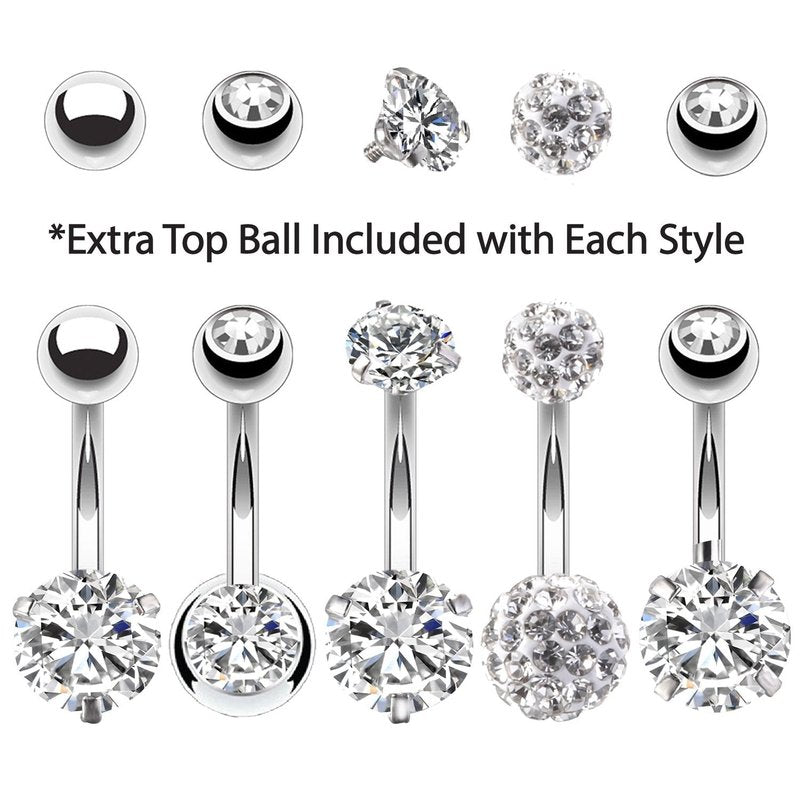 BodyJ4You 5PC Belly Button Rings Set - 14G - Surgical Stainless Steel - Shiny CZ Crystals - Clear Disco Ball - Replacement Extra Pack - Women Body Piercing Jewelry