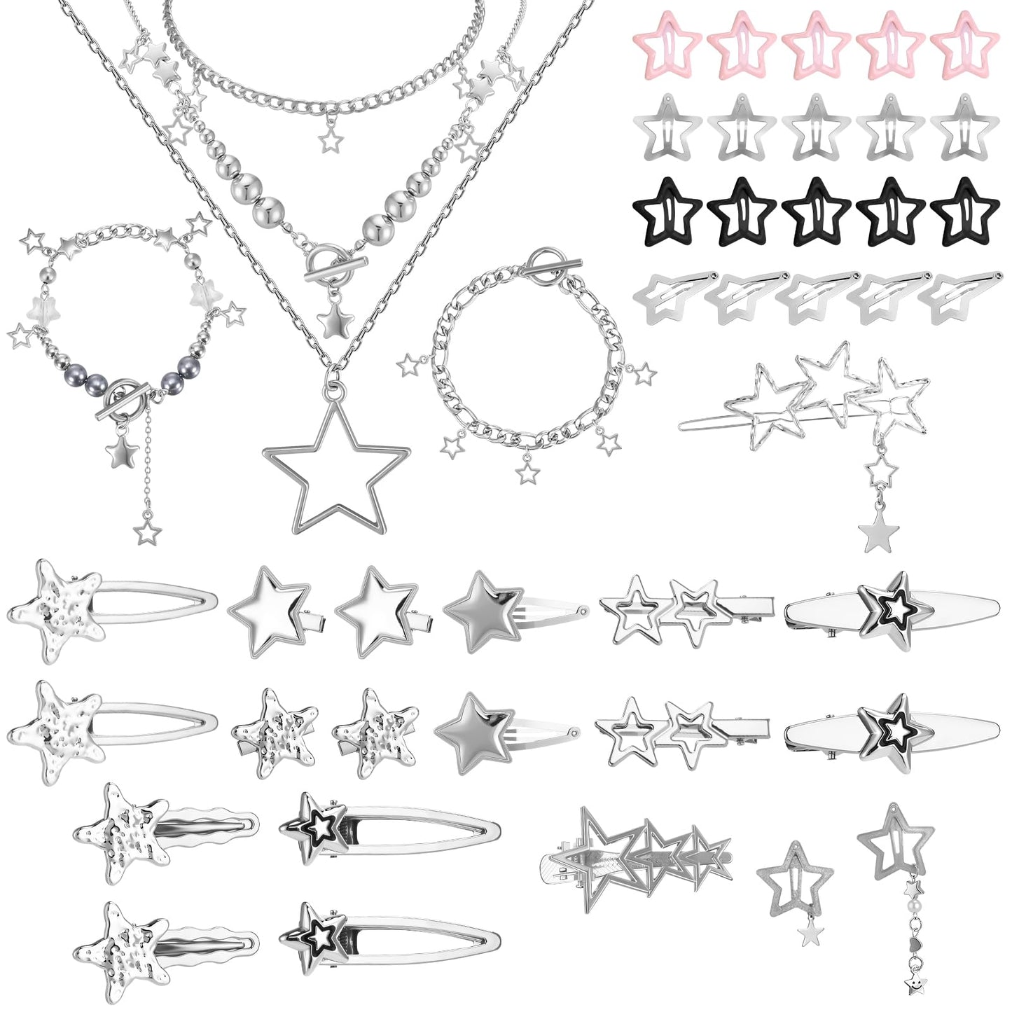 ZhouBoat 45PCS Y2K Hair Clips for Women Girls Star Barrettes Necklace Bracelets Set Kawaii Retro 2000s Hair Accessories Festival Rave Grunge Aesthetic