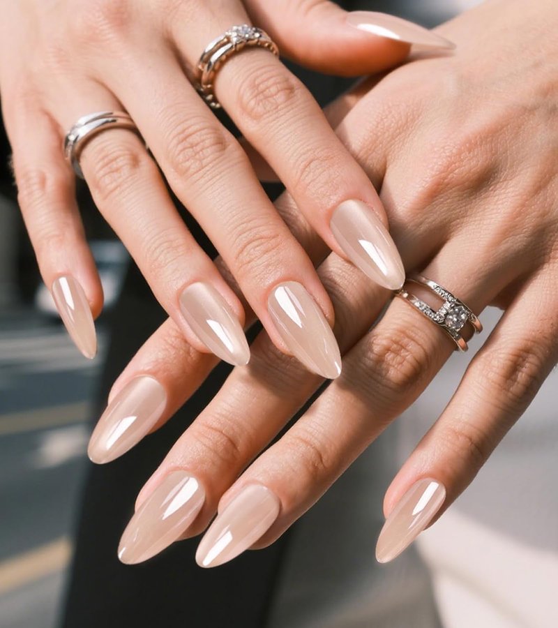 Press On Nails - Medium Length Aurora Cat Eye Shine Almond Tips | Pink Glossy Reusable Fake Nails Kit - 30 Pcs, 15 Sizes