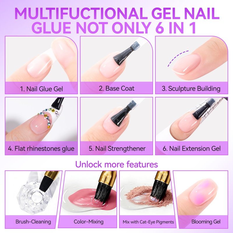 Gelike EC Gel Nail Glue for Press Ons: 6 in 1 Strong UV Nail Glue for Nail Tips and Acrylic Nail - Long Lasting 28 Days Hold Quick UV Cure - Hema Free Formula for Beginner Friendly DIY for Home Salon