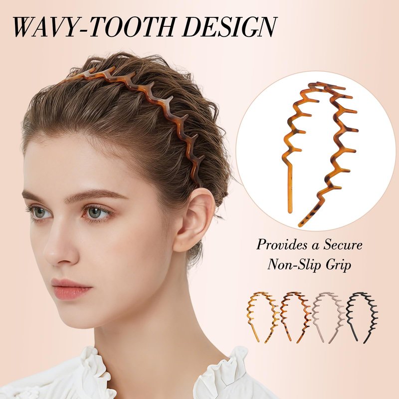 Needbrock 4 Pack Non Slip Zig Zag Headbands, Comb Headband with Teeth for Slicked Back Styles Women Men Daily Wear, Workouts, 90s Retro Hair Accessories