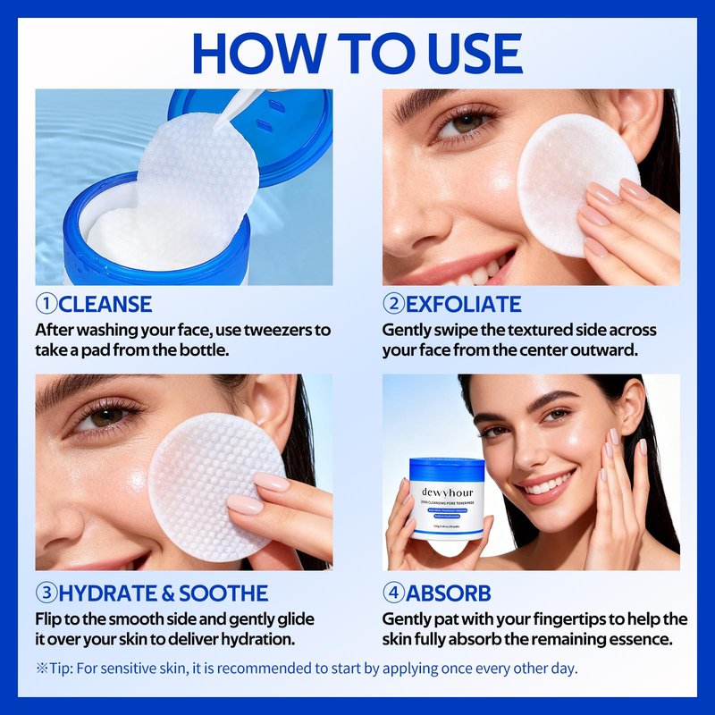 dewyhour Cleansing Face Pads, Gentle Exfoliation Toner Pads for Face with AHA & BHA – Korean Skin Care Moisturizing Dual-Sided Textured Pad Sensitive Skin