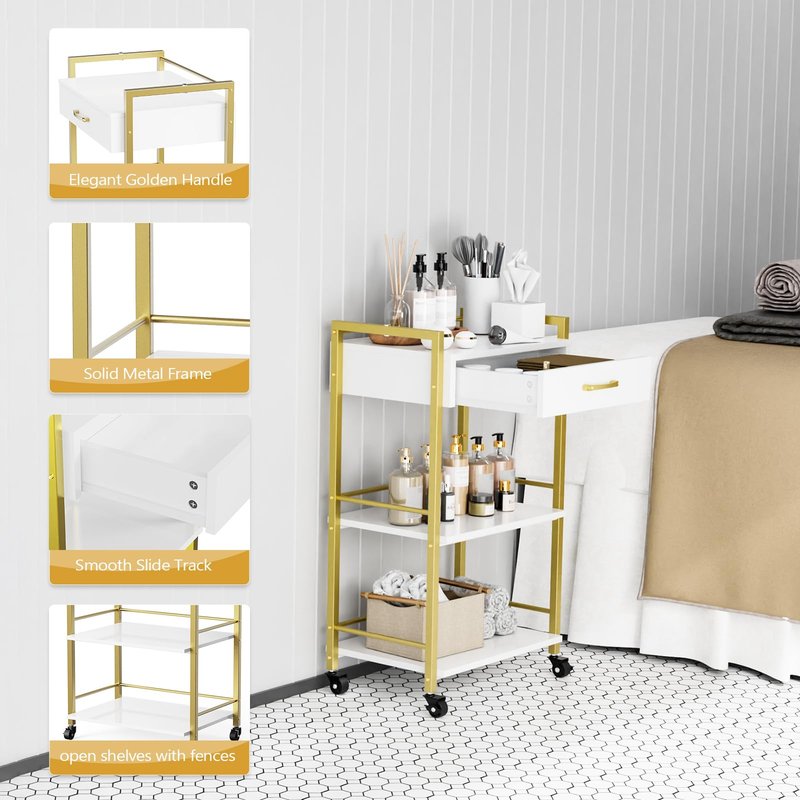 OmySalon Salon Trolley Cart with Wheels, Esthetician Cart with 1 Drawer & 2 Trays, Mobile Storage Organizer for Beauty Spa Massage Tattoo Esthetic Facial Tool Holder Station, White Gold
