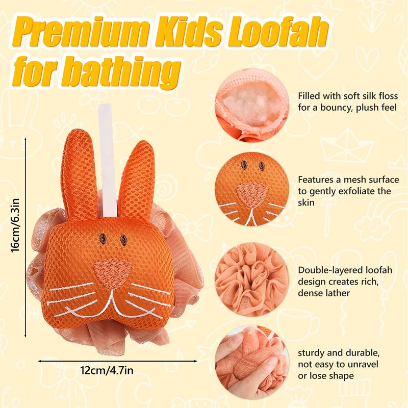 Kids Loofah, Cute Cartoon Animal Kids Bath Sponge with Hanging Rope, Soft Double Mesh for Rich Lather (Little Orange Rabbit)