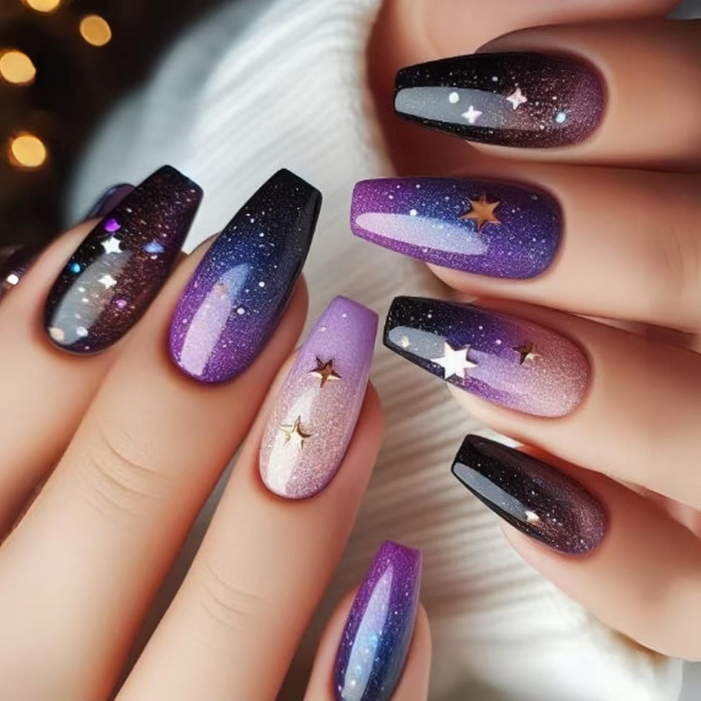 Skiennix Purple Black Ombre Coffin Press-On Nails - Medium Full Cover 24 Pcs for Stunning Manicures