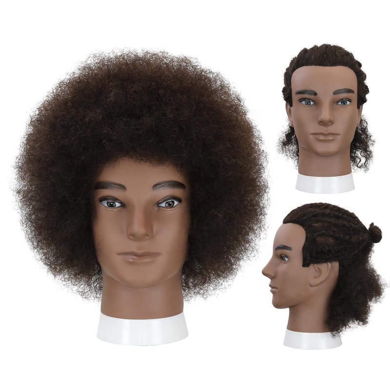 Sirydtm Male Afro Kinky Curly Mannequin Head - 100% Human Hair Mannequin Head Men's Training Barber Mannequin Head with Stand for Salon Braiding, Styling, Cutting, Coloring & Updos（WHBZT1B#）