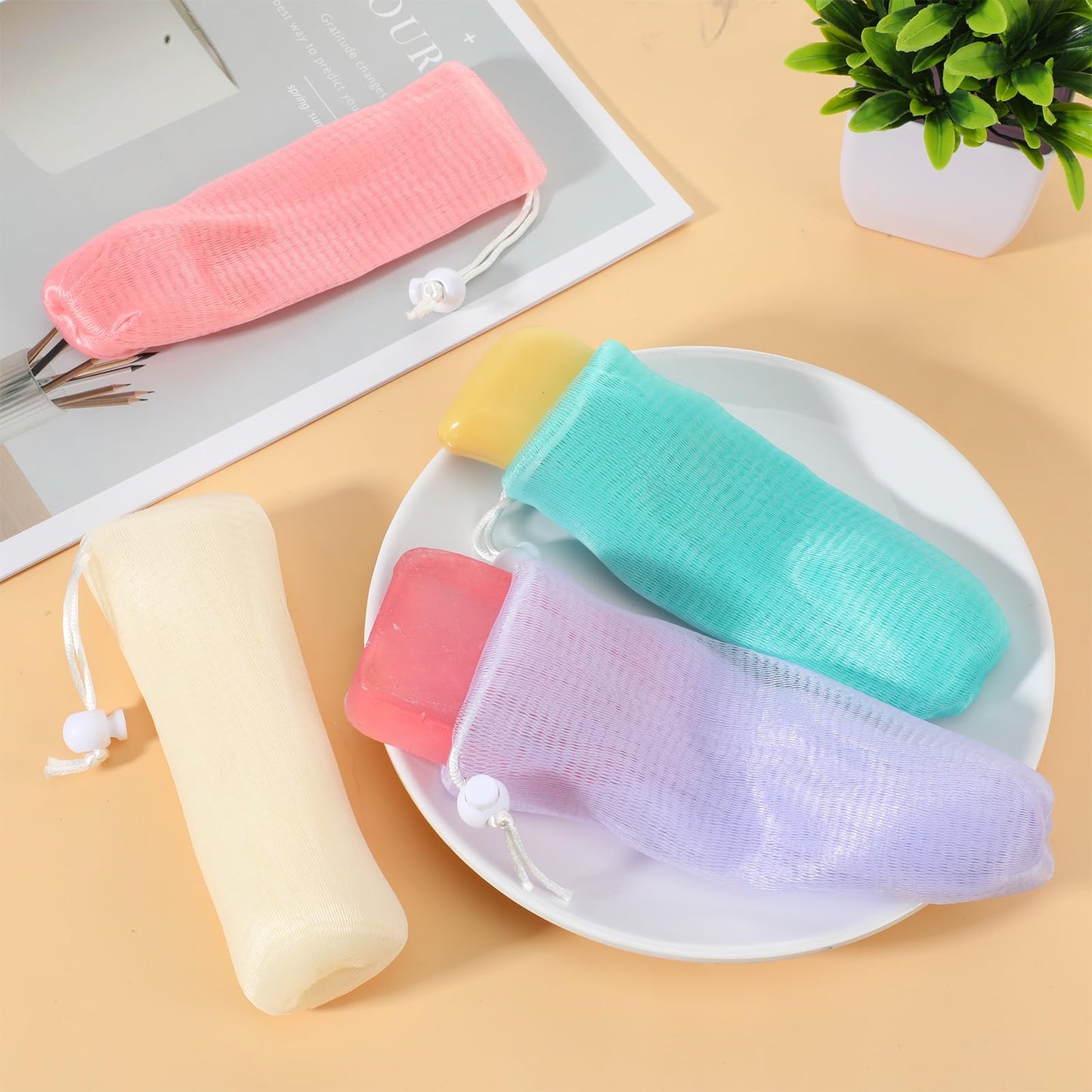 Soap Savers for Bars Soaps, 7 PCS Exfoliating Mesh Bar Soap Pouch Pocket Soap-Foaming Nets Sleeve Multicolor Bar Soaps Holder with Drawstring for Bath Shower Facial Cleaning Body Wash
