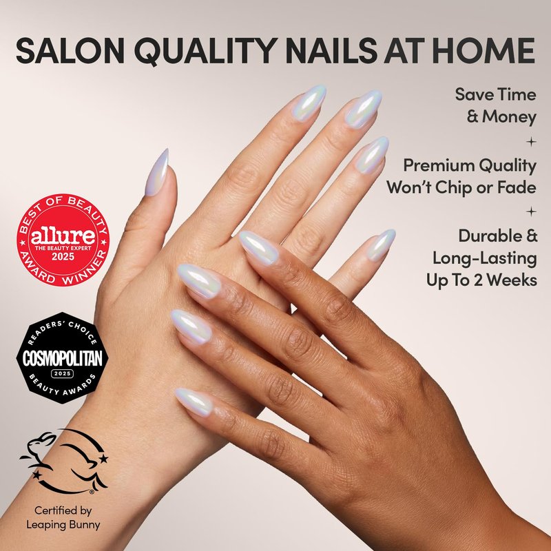 Glamnetic Press On Nails - Entranced | Short Almond White Holographic Fake Nails, Semi-Transparent, Salon Quality| 15 Sizes - 30 Nail Kit with Glue