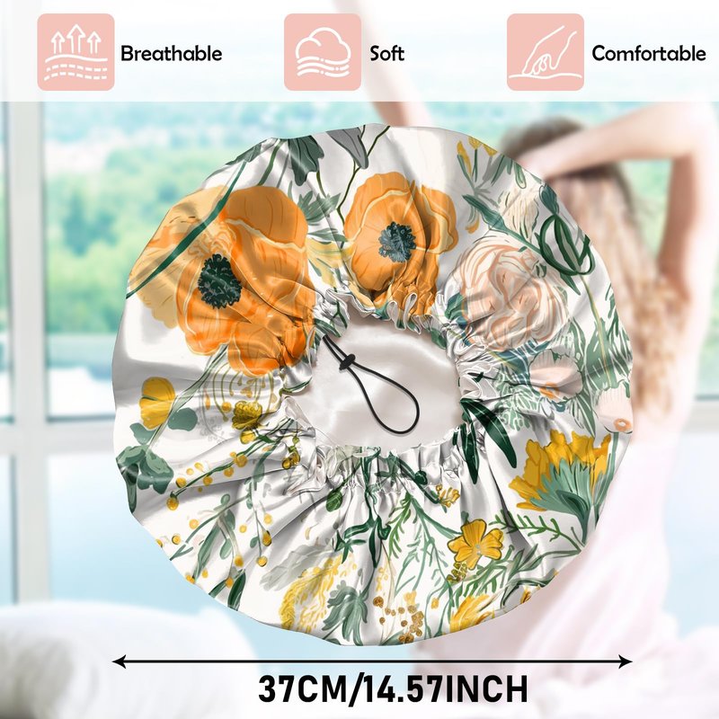 Cabreche Luxury Shower Cap Satin Silk Lined Adjustable Elastic Reusable Waterproof Shower Bath Cap Cute for Women Girls-Orange Flower