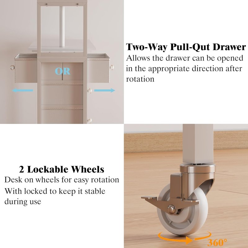 L-Shaped Manicure Table - Rotating Nail Workstation on Wheels with Charging Station | White with Storage Drawers & Shelves