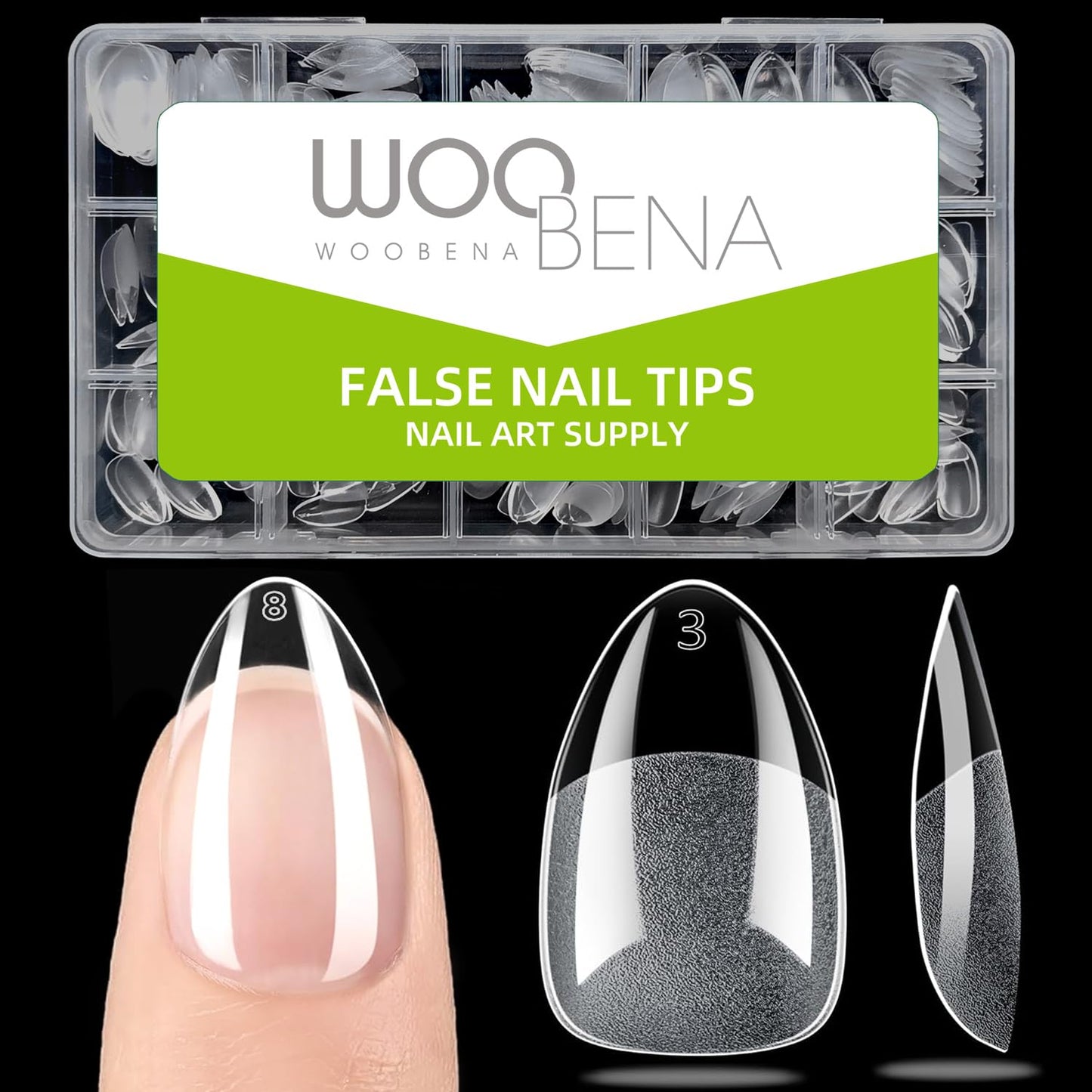 Woobena Short Almond Nail Tips, Short Gel Nail Tips 300Pcs 15Size Pre Etched Press On Nails Clear Acrylic Fake Nails Almond Shaped Full Cover Nails Extension Home Art DIY Salon