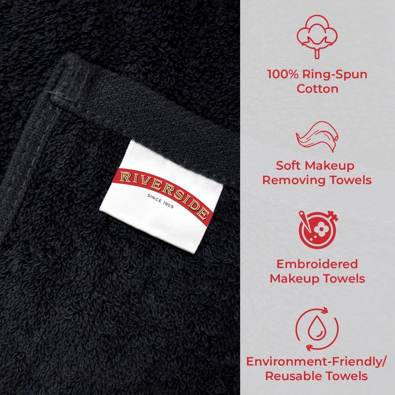 RIVERSIDE Black Makeup Towels - Pack of 6 (13x13) Soft Cotton Makeup Washcloths for Face - Reusable, Quick-Dry Makeup Remover Towels for Bathroom, Spa & Salon - Gentle on Skin - Brushes