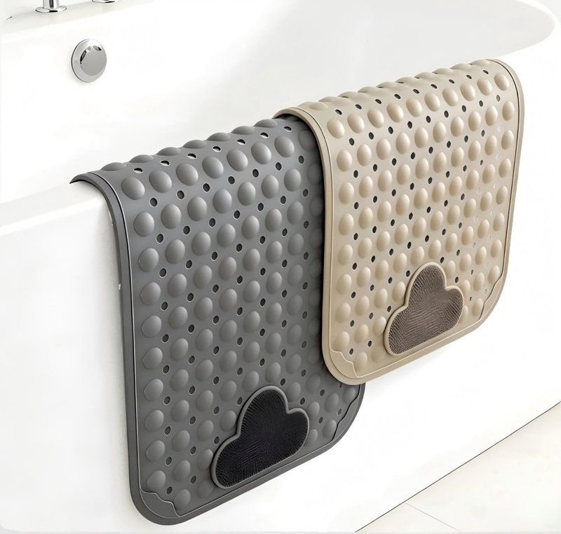 Bathtub Anti-Slip Mat Shower Mat with Suction Cups Drain Hole Foot Massage Bathroom Floor Mat 28x16 Inch (Grey)