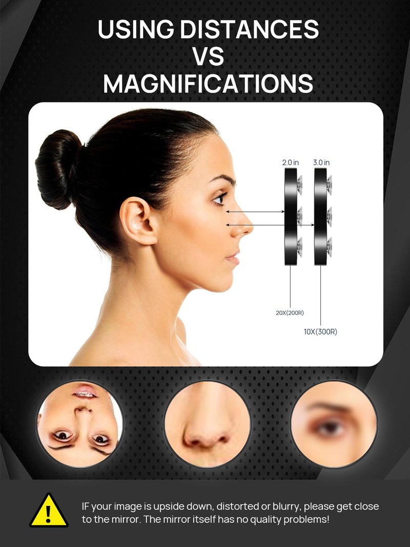 OMIRO 10X&20X Magnifying Mirrors and 3 Tweezers Set Combo, 4.5" & 3.5" Triple Suction Cups Round Spot Mirrrors