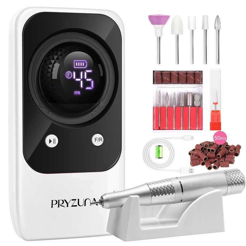 Professional Electric Nail Drill File: 45000RPM Portable Rechargeable Nail E File Machine for Acrylic Nails Gel Polishing, Cordless Efile with 7 Drill Bits, 56 Sanding Bands for Manicure Salon Home