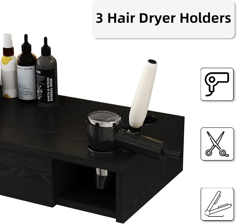 4ever2buy Salon Station - Black Wall-Mount Hair Stylist Organizer with 3 Dryer Holders | Ideal for Salons & Barbershops