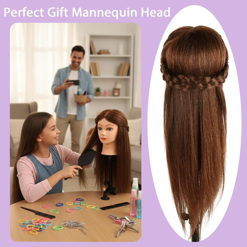 Skiennix Mannequin Head - 100% Human Hair Cosmetology Training Doll | 18'' Dark Brown with Blue Eyes