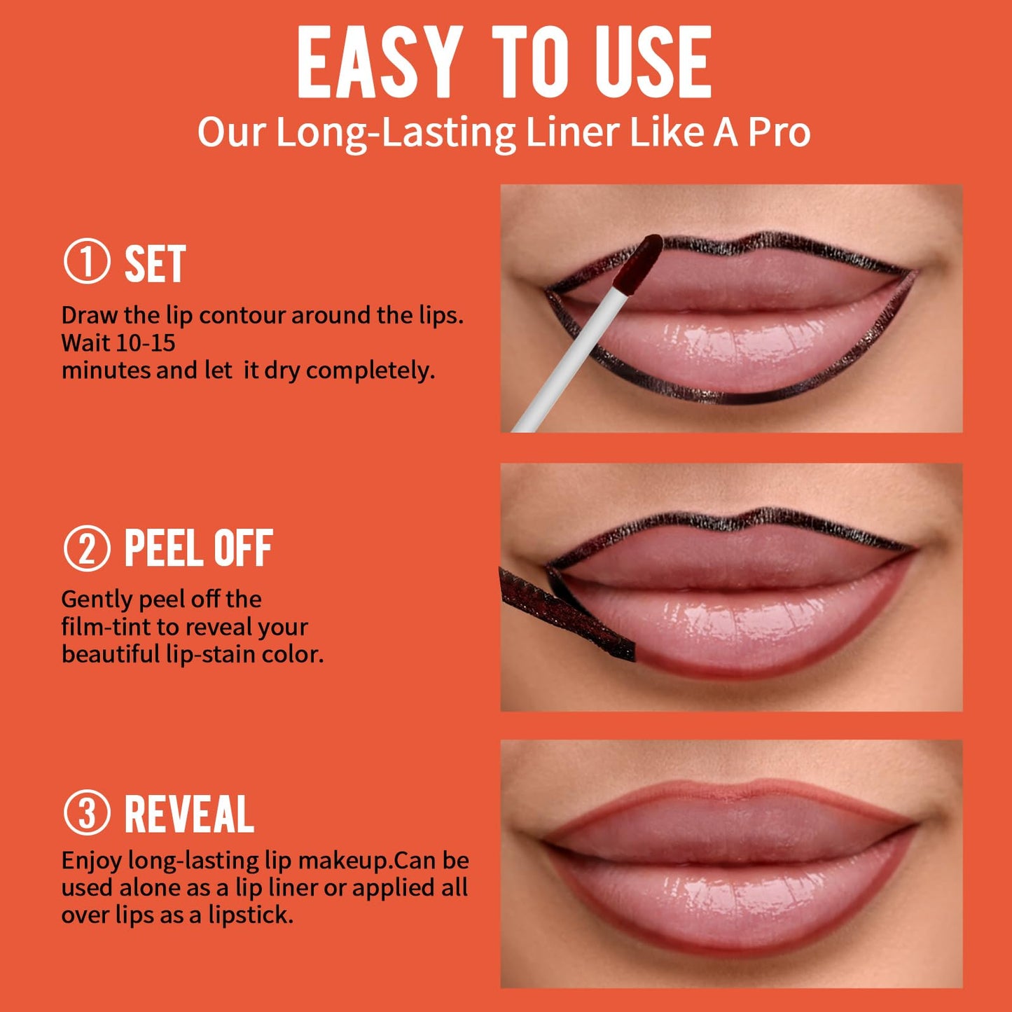 Vevivia 4pcs Lip Stain Peel Off - Lip Liner Stain Long Lasting Waterproof with Tweezer,2-in-1 Lip Liner Matte, Non-Stick Cup,Stay On All Day,Perfect for Gift(Cocoa+Rose+Nude+Mauve)