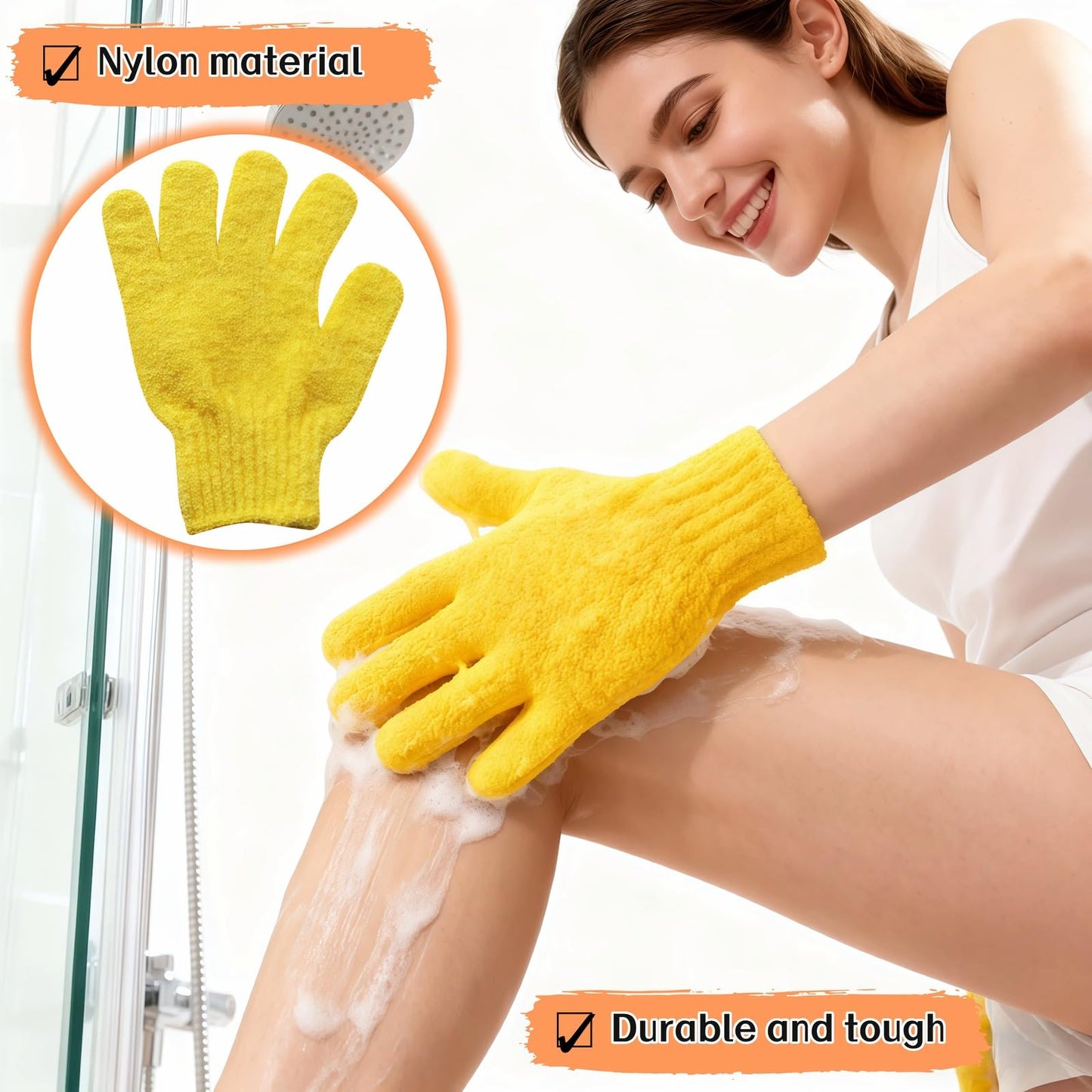 RyanDesign Exfoliating Shower Gloves, 2 Pairs Reinforced Nylon Bath Scrubbing Mitts, Orange and Yellow, One Size Fits All, Body Cleansing Massage