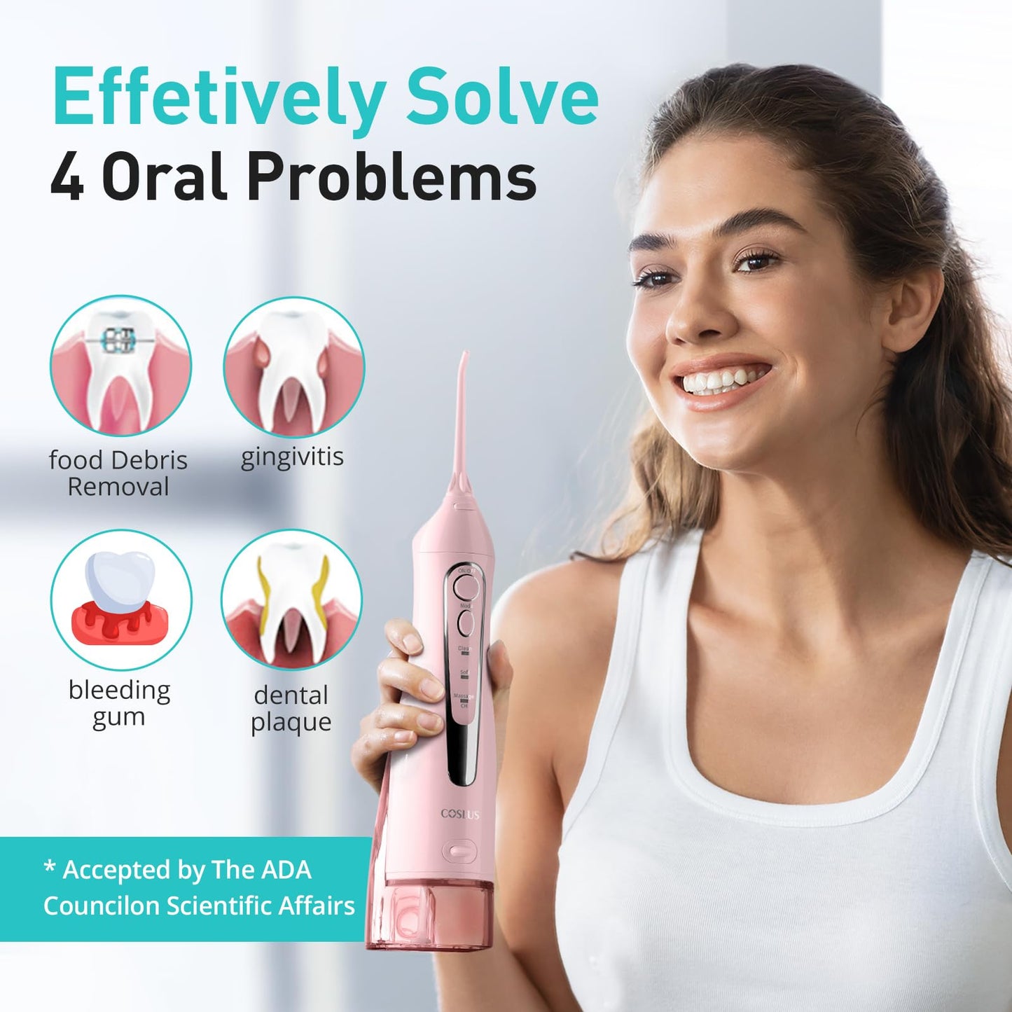 COSLUS ADA Accepted Water Dental Flosser Teeth Pick C20: Portable Cordless Oral Irrigator 300ML Rechargeable Travel Irrigation Cleaner IPX7 Waterproof Electric Flossing Machine, Professional Set Pink