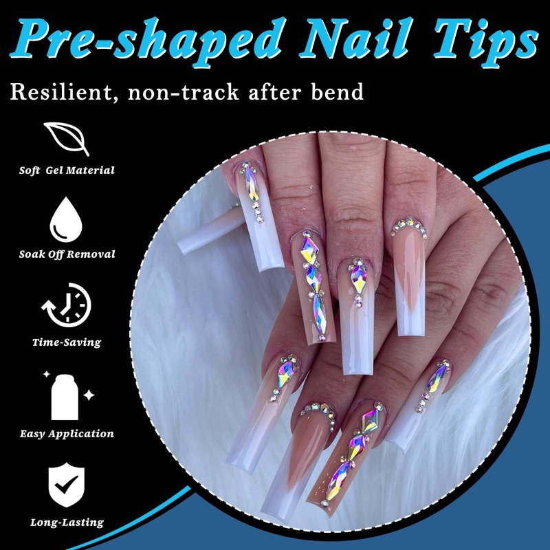 300pc Long Square Nail Tips, Soft Gel Nail Tip Square Long Fake Nails Artificial Fingernail, 15 Sizes Full Cover Clear Press on Nail Acrylic Nails Tips for Nail Extensions, Press on Nails Making
