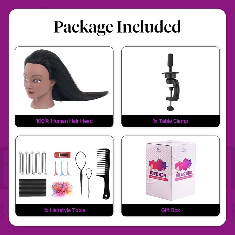 Real Hair Mannequin Head - 18” Human Hair Cosmetology Training Doll for Styling, Dying & Braiding | Black