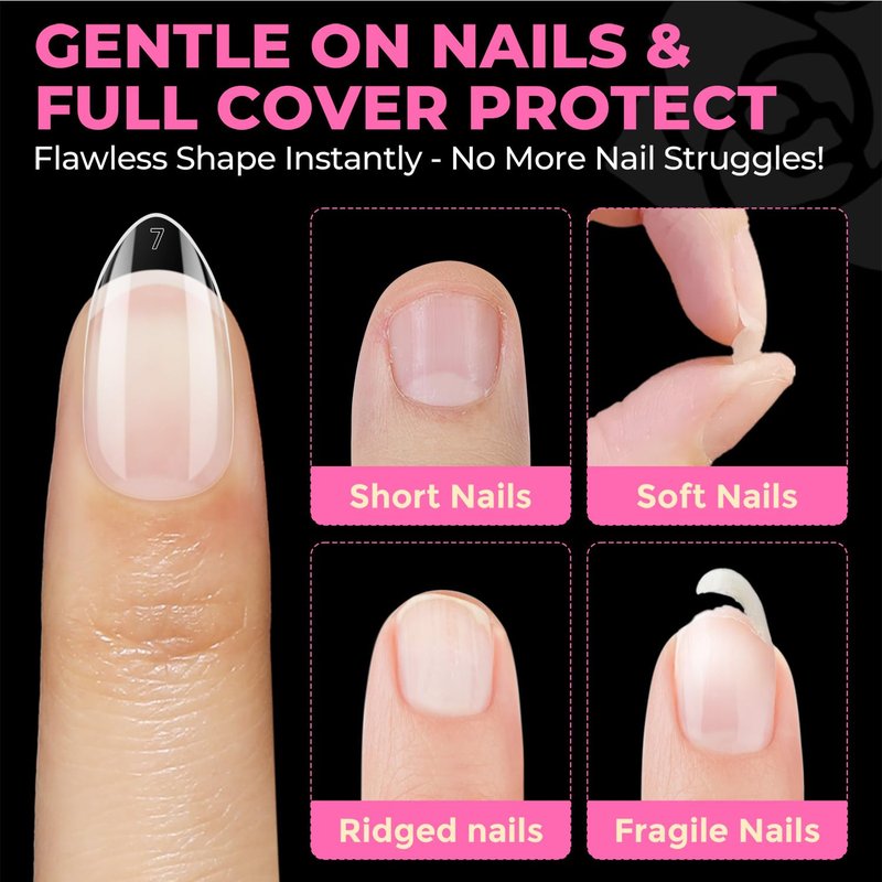 Short Almond Nail Tips - 504PCS Soft Press-On Gel Nails | Pre-Shaped Full Cover Acrylic Gelly Tips in 12 Sizes