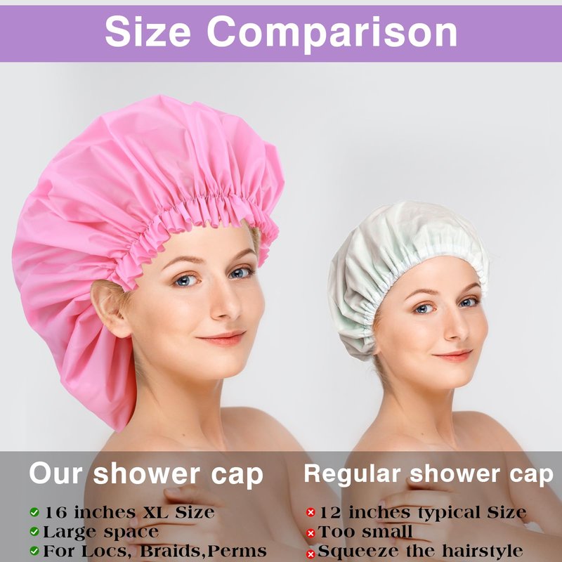 2 PCS Large Shower Cap for Braids - Waterproof Shower Cap for Women, Reusable XL Plastic Shower Caps Jumbo Bath Bonnet for Long Thick Curly Hair, Locs, Twist Braids (Pink, Purple)
