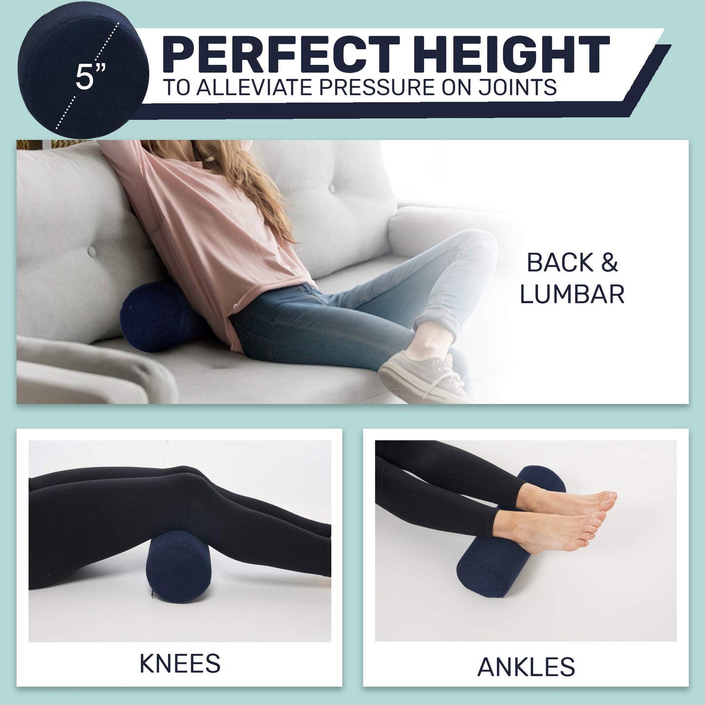 AllSett Health Round Cervical Roll Cylinder Bolster Pillow with Removable Washable Cover, Ergonomically Designed for Head, Neck, Back, and Legs || Ideal for Spine and Neck Support, Navy