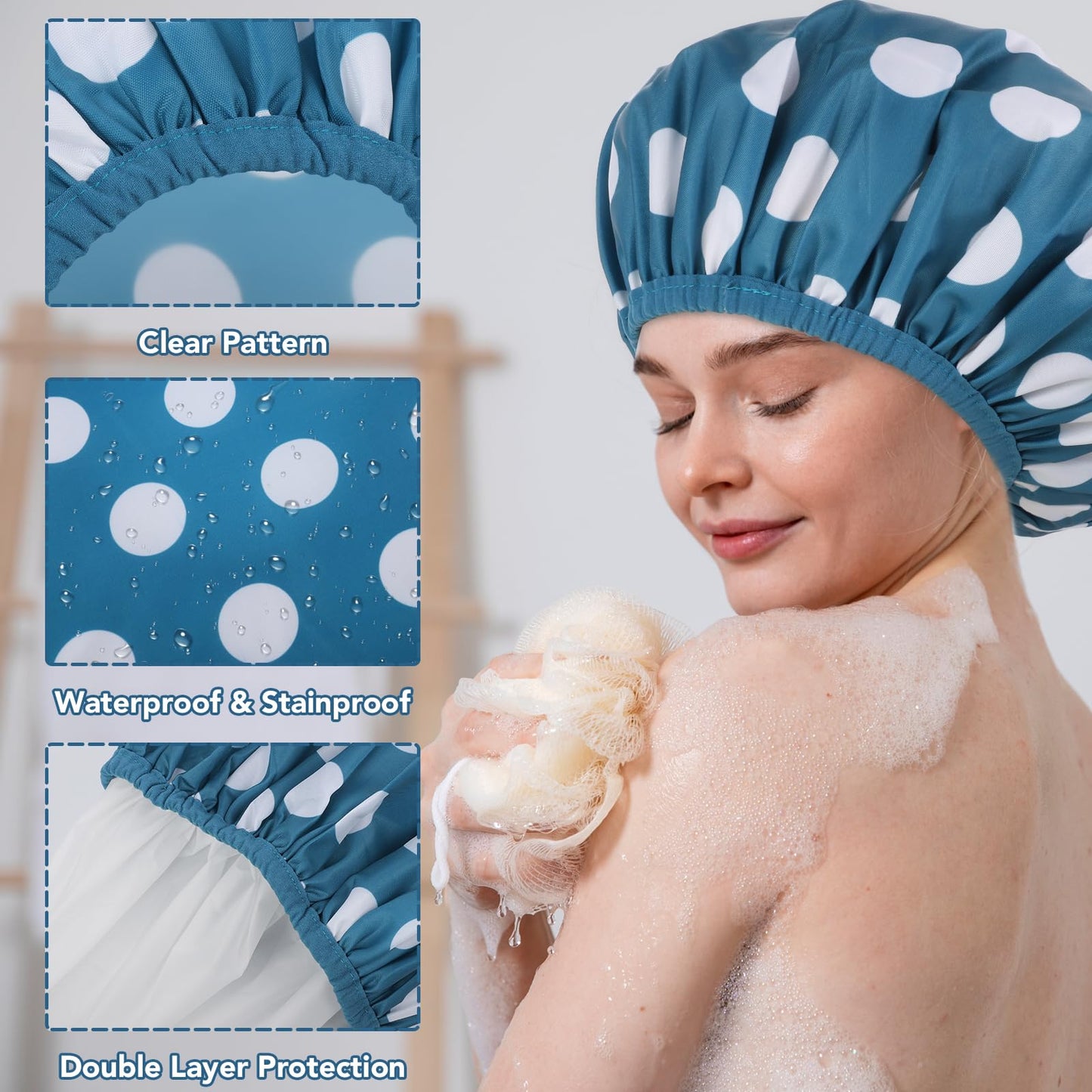 WSICSE 2 Packs Large Shower Caps for Women, Reusable Waterproof Shower Cap Bath Caps with Hair Scrunchies for Long Thick Hair (Blue/Green)