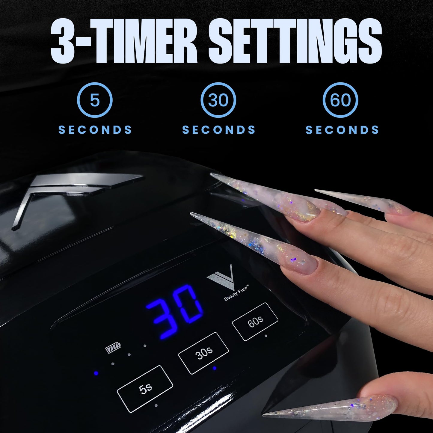 V Beauty Pure Cordless UV Nail Lamp (Black) - 36W Portable UV Light for Gel Nails with Multiple Timer Settings - LED Curing Light Nail Polish Dryer for Professional Nail Art, Salon & Home DIY