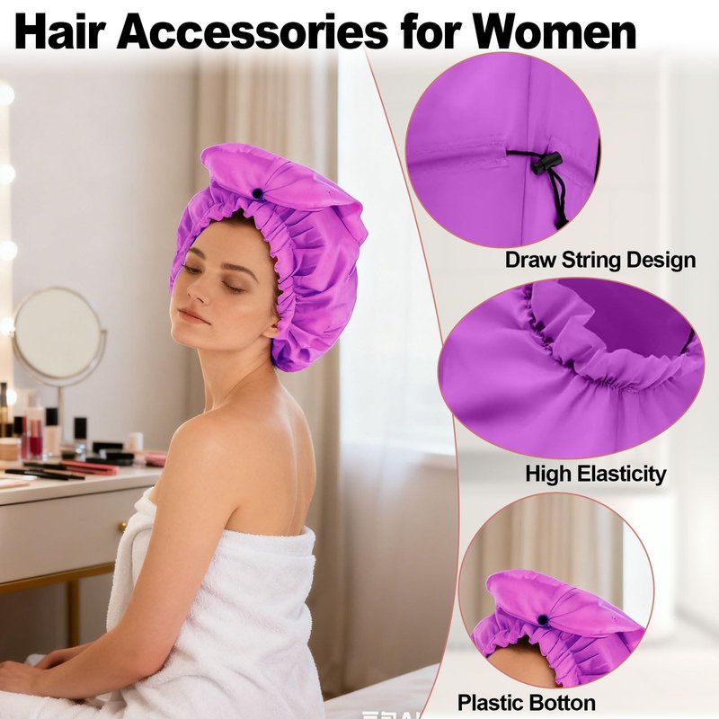 ELEBOX Extra Large Shower Cap for Braids/Curly Hair/Dreadlock | Reusable Waterproof Long Bonnets for Women Shower/Cooking/Cleaning/Spa | XL Bathing Cap with Adjustable Drawstring & Button, Purple
