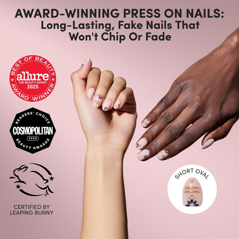 Glamnetic Press On Nails - Short Oval Fake Nails with Greek-inspired Patterns, Gold Foil & Glossy Finish | Salon Quality Vacation Nails | Myko Muse | 15 Sizes - 30 Nail Kit with Glue