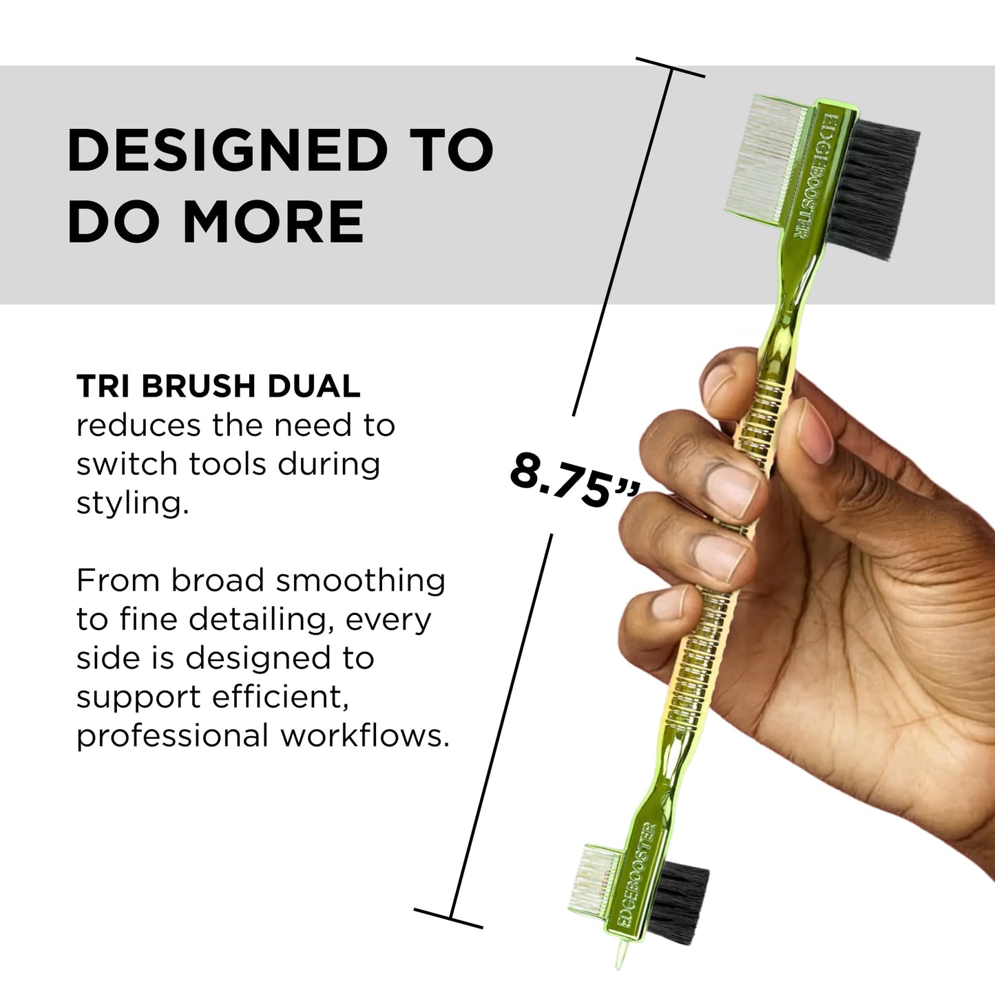 Style Factor EDGE BOOSTER Tri Brush Dual with Pin Tail – Double-Sided Edge Control Brush & Comb with Boar Bristles – For Edges, Slick Backs, Baby Hair Styling, and Taming Flyaways (Green Gold/Stripe)