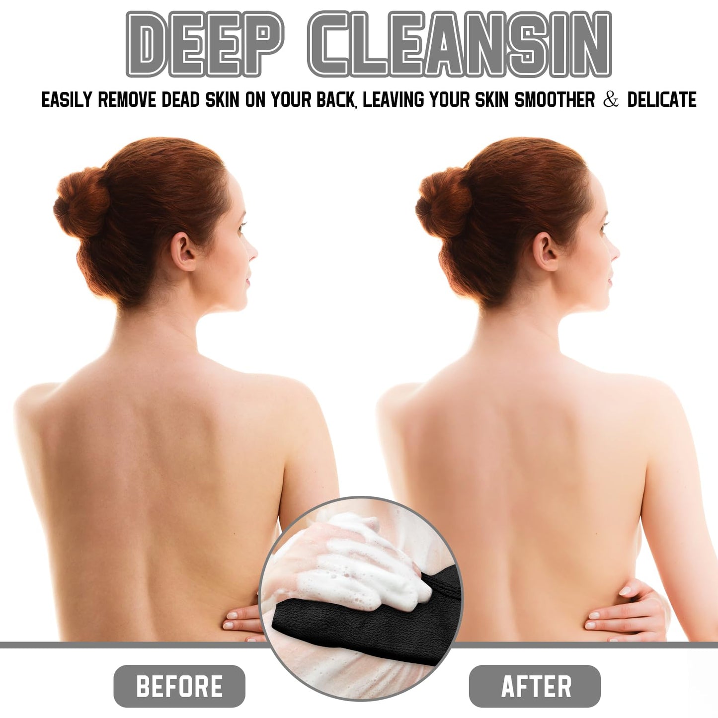 Tatuo 4 Pieces Korean Exfoliating Washcloth Body Back Scrubber Japanese Italy Exfoliating Cloth 35.5 Inch Long Bath Towel Washcloth Dead Skin Remover for Men Women(Black)
