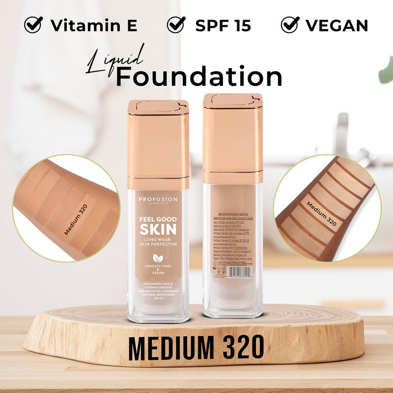 Profusion Cosmetics Feel Good Skin Foundation – Radiant Satin Finish, Buildable Coverage with SPF 15 Sun Protection, Hydrating, Lightweight, Vegan & Cruelty-Free Makeup (Medium 320, 1)