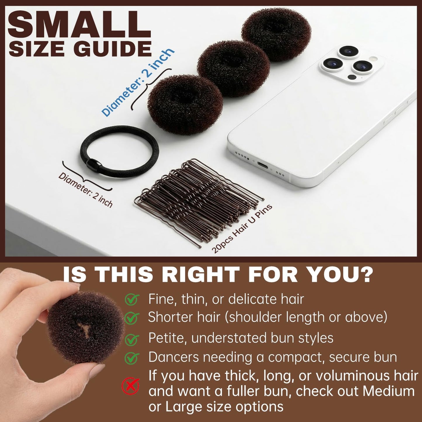 Small Hair Donut Bun Maker Set - 6 Donut Tools, 30 Hair Nets & 120 Bobby Pins for Perfect Buns