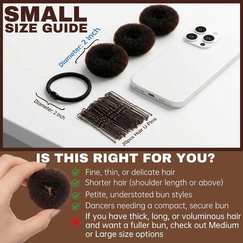 Hair Donut Bun Maker Set - 12pcs Chignon Rings for Thin Fine Hair | Includes Hair Ties, Nets & U Pins (Brown)