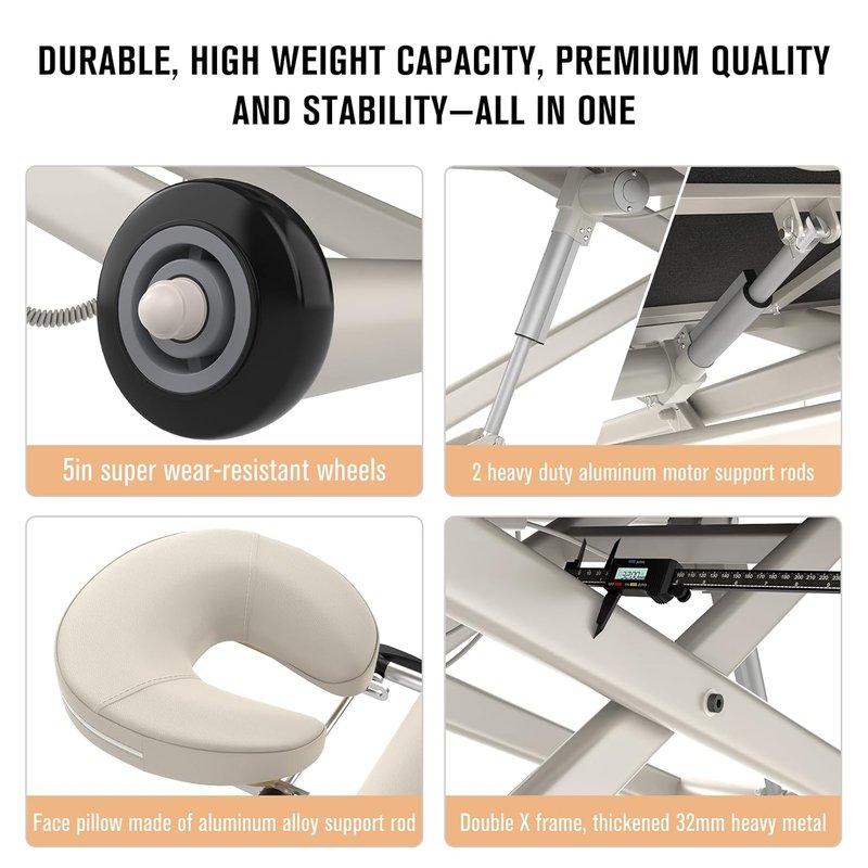 Skiennix Heavy Duty Electric Massage Table - Adjustable 2 Motor Lift & Backrest | 31.2" Wide x 75" Long, Beige Gray